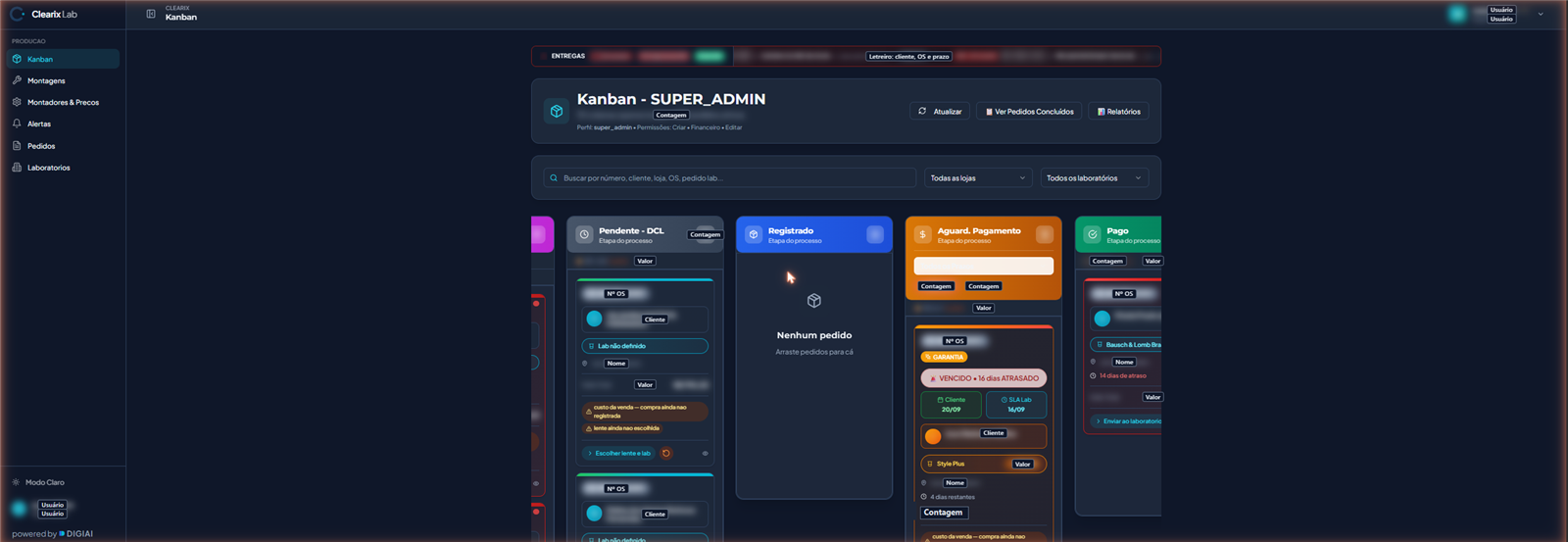 Kanban de laboratório com colunas por etapa e um pedido marcado como vencido com 16 dias de atraso