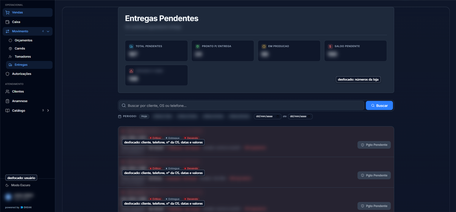 Lista de entregas pendentes em que os pedidos com saldo em aberto e sem carnê mostram o selo Pagamento Pendente no lugar do botão de entregar